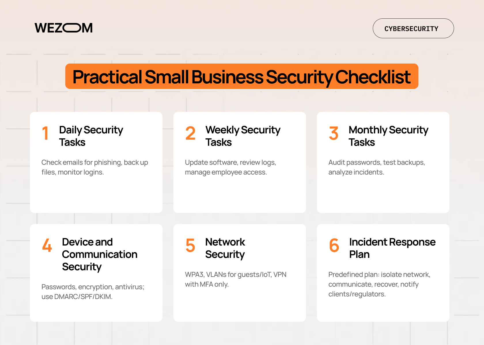 Practical small business security checklist with daily, weekly, monthly tasks plus device security, network security, and incident response planning for SMB. Practical small business security checklist with daily, weekly, monthly tasks plus device security, network security, and incident response planning for SMB.